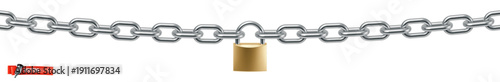 Vector realistic illustration of a metal chain with a padlock on a white background.