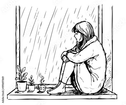 Lonely woman sitting by rainy window with steaming coffee and plants