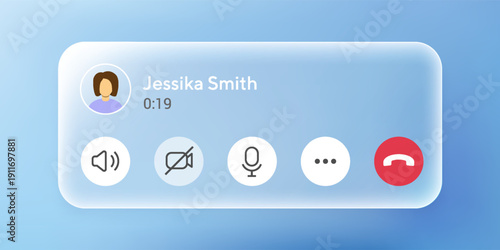 Liquid glass notification push on blue gradient background. Incoming call screen interface, push notification button. Audio call screen mockup with sound button, message and mic icons.