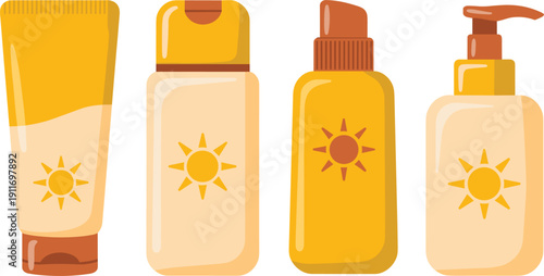 Sunscreen and Sunblock Packaging Vector Illustration Set Featuring Diverse Bottles Tubes and Pump Dispensers with Sun Icons