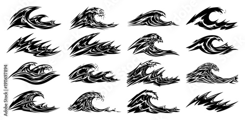 Collection of sixteen dynamic ocean wave silhouettes in a stylized graphic vector design