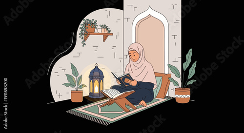 Woman in hijab reading Quran indoors, peaceful Islamic worship scene