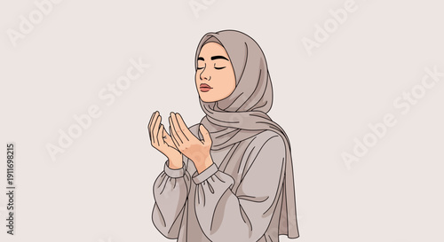 Young Muslim Woman in Hijab Praying with Eyes Closed and Hands Raised