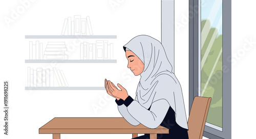 Young Muslim Woman Praying at Desk with Bookshelf and Window View