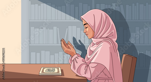 Young Muslim Woman Praying at Desk with Quran, Peaceful Spiritual Moment