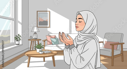 Young Muslim Woman Praying in Bright, Sunlit Living Room, Peaceful Devotion