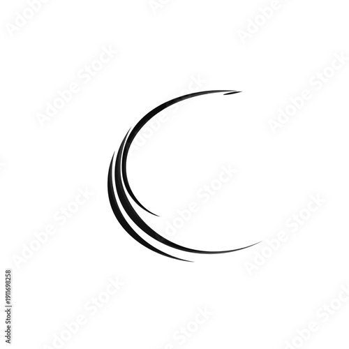 Black curved design element on a white background, featuring sweeping lines forming an arc shape