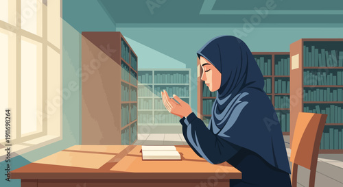 Young Muslim woman praying in library, wearing hijab, peaceful atmosphere