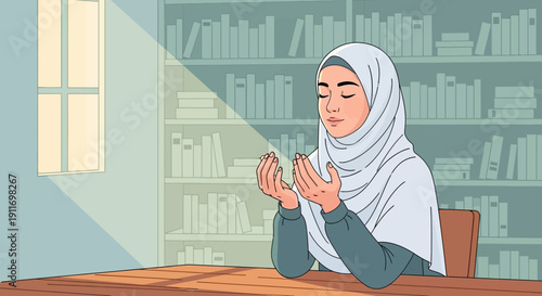 Young Muslim Woman Praying in Hijab by a Window with Sunlight and Bookshelves
