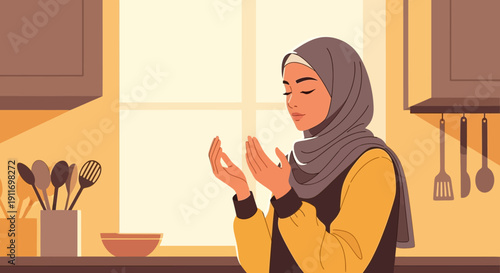 Young Muslim Woman Praying in Kitchen, Wearing Hijab, Peaceful Moment
