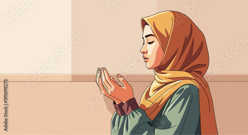 Young Muslim Woman Praying in Hijab, Peaceful Devotion