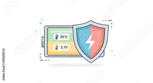 Battery with shield and lightning bolt symbol secure energy storage concept with temperature and voltage display
