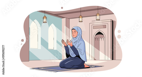 Young Muslim Woman Praying in Mosque, Wearing Hijab, Peaceful Devotion