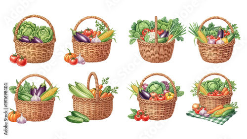 A charming watercolor collection of rustic vegetable baskets, including woven wicker baskets filled with fresh produce, colorful garden vegetables, and farm-to-table harvest details.