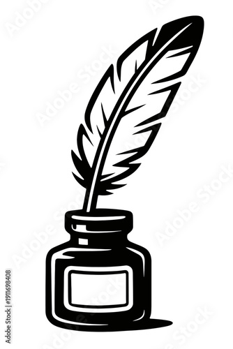 Elegant Black & White Vector Illustration of a Classic Quill Pen Dipped in a Vintage Inkwell, Symbolizing Timeless Writing, Historic Literature, Creative Expression, and Educational Pursuits – Ideal f