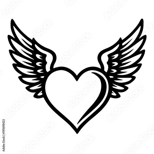 Elegant Heart with Wings Outline Vector Graphic: Symbolic Design for Love, Freedom, and Passion – Perfect for Tattoos, Apparel, Digital Art, and Valentine's Day Projects. High-Quality Black and White