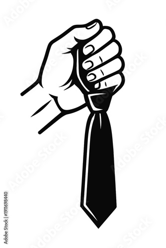 Striking monochrome graphic depicting a strong hand, specifically a clenched fist, resolutely holding a classic black necktie by its knot, conveying themes of professional mastery, corporate leadershi