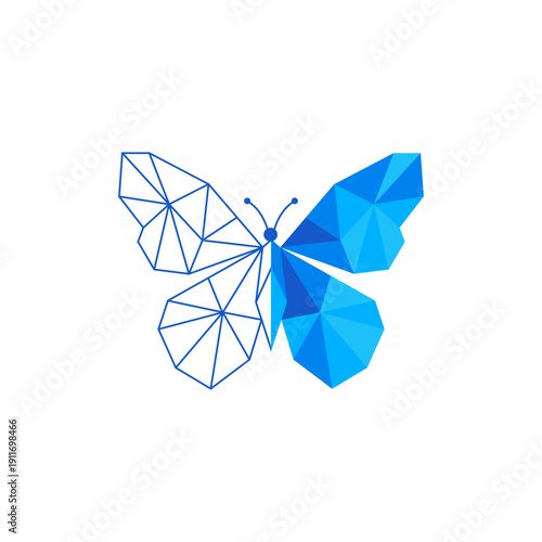 Abstract polygonal butterfly illustration with blue gradient facets and geometric wireframe wings, blending outline and filled shapes in a modern minimalist vector style.