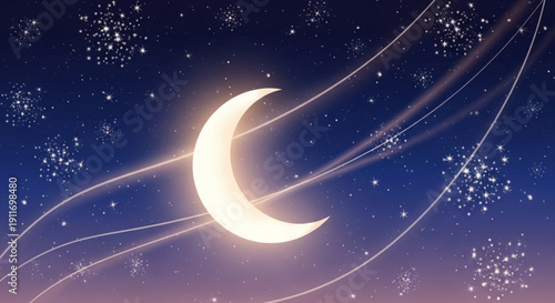 Glowing crescent moon with streaks of light against a starry night sky with a gradient of blue and purple hues and white specks