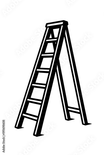 Black and white vector illustration of a sturdy A-frame stepladder, perfect for home improvement, construction, and DIY projects, symbolizing ascent, progress, and reaching new heights safely.