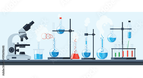 Professional chemistry laboratory setup featuring a microscope and various glass beakers and flasks filled with colorful liquids.