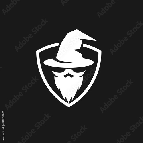 White Wizard Head with Pointy Hat and Beard Shield Logo