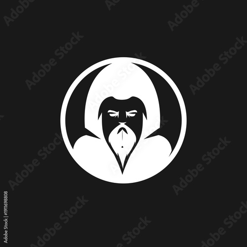 Minimalist graphic illustration of a hooded man with a long beard, stylized as a wizard or mysterious figure, in a black and white circular emblem.