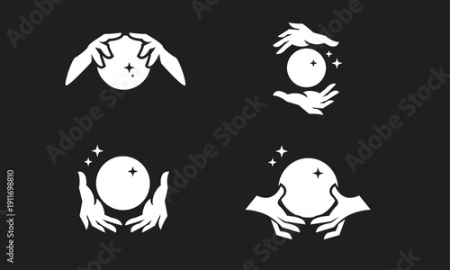 Mystic Hands and Crystal Ball Logo Set with Stars