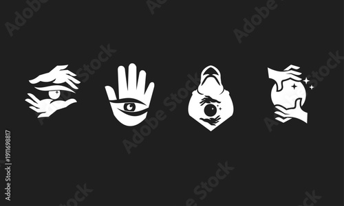 Mystical Esoteric Icons Set with Hands, Eyes, and Crystal Balls for Fortune Telling and Spirituality