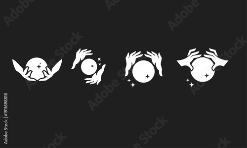 Stylized Vector Illustrations of Hands Holding a Glowing Crystal Ball with Sparkles, Symbolizing Magic, Future Prediction, and Mystical Concepts