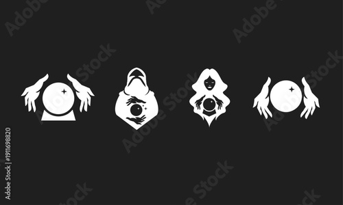 Collection of Fortune Teller and Psychic Crystal Ball Vector Silhouettes. Mystic Hands and Figures with Magic Spheres for Future Prediction Icons.