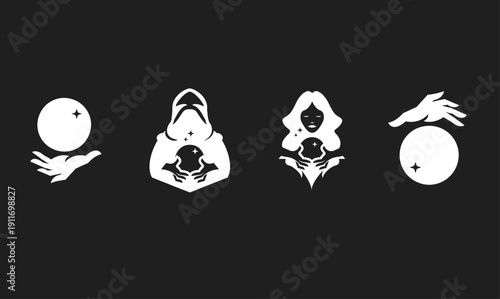 Mystic Fortune Teller and Crystal Ball Logo Set - Psychic Prediction and Magic Orb Silhouettes