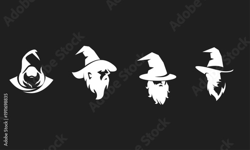 Fantasy Wizard and Sorcerer Head Silhouettes Collection with Beards and Hats