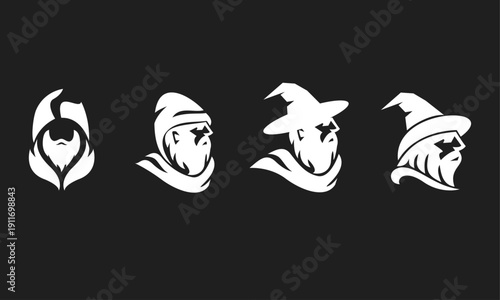 Collection of Wizard and Old Man Logos with Beards and Hats on Dark Background