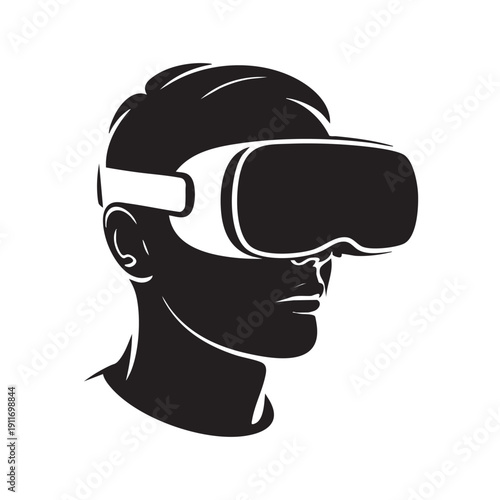 Man wearing a virtual reality headset in a futuristic technology illustration