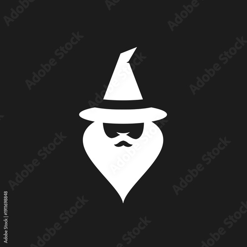 Minimalist Wizard Head Logo Icon with Pointy Hat, Long Beard, Moustache, and Sunglasses - Santa Claus, Gnome or Magician Character Design