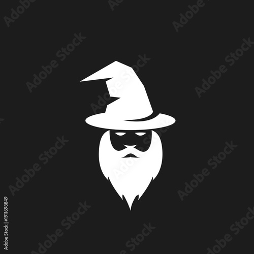 Minimalist Wizard Head Logo Silhouette with Pointed Hat and Long Beard