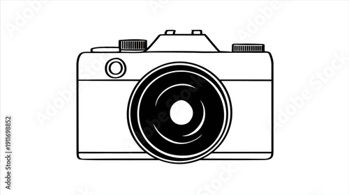 A black and white line drawing of a camera. It has a lens, flash, and other camera parts