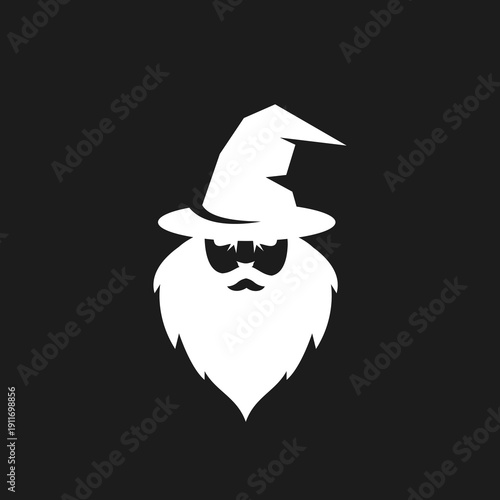 Minimalist Wizard Head Icon with Pointy Hat and Long Beard