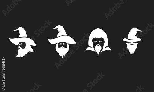 Fantasy Wizard Head Icons. Stylized Silhouette Logos of Mystical Magicians and Wise Men with Beards, Pointed Hats, and Hoods.