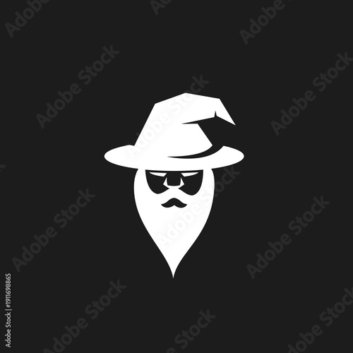 Minimalist White Wizard Head Silhouette Icon with Pointed Hat and Long Beard on Black Background