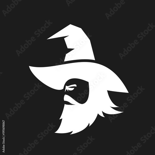 Stylized Wizard Head Profile Logo with Pointy Hat and Beard