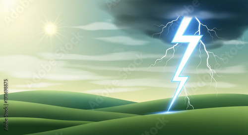 Electric blue lightning bolt strikes green rolling hills under stormy sky with dark clouds and sunshine