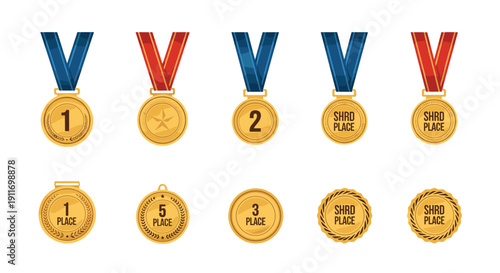 Collection of various golden award medals with blue and red ribbons including first second and third place designations.