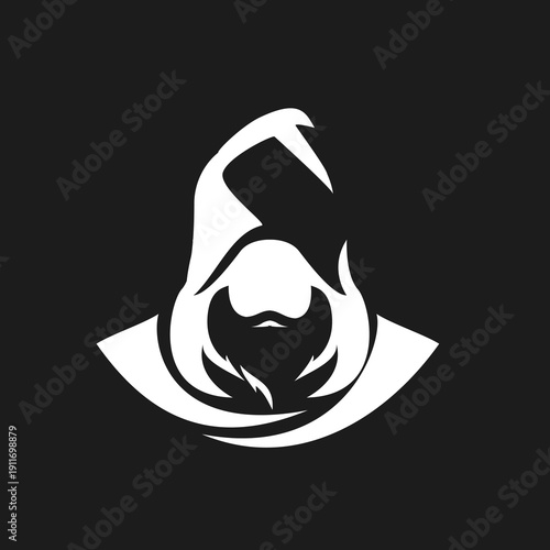 Abstract White Silhouette of Mysterious Hooded Figure with Beard