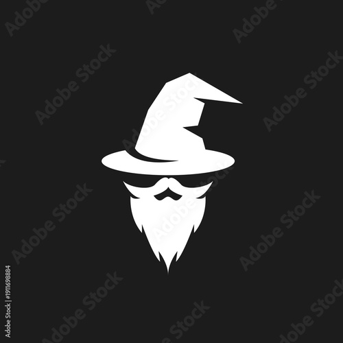 Minimalist black and white vector logo of a wizard's head featuring a pointy hat, long flowing beard, and mustache, symbolizing magic, wisdom, and fantasy.