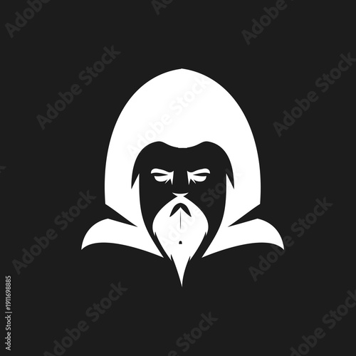 Minimalist Wizard Head Logo in Shield Design with Pointy Hat and Beard, Graphic Illustration