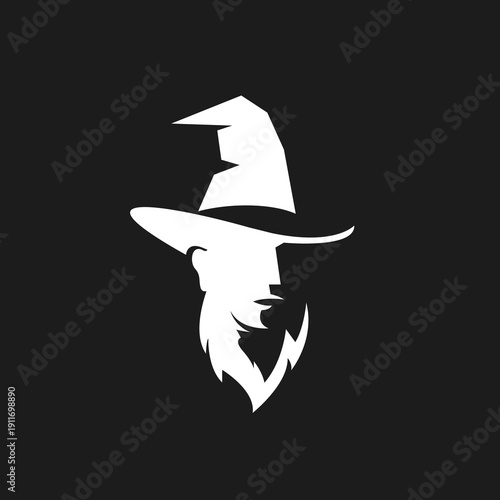 Wizard Profile Silhouette Icon with Pointed Hat and Beard