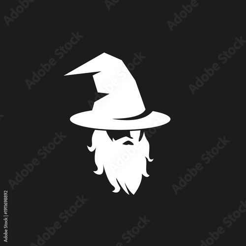 Minimalist White Wizard Hat and Beard Icon on Black Background
