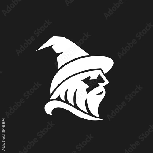White Stylized Wizard Head Profile Vector Logo with Pointed Hat and Long Beard